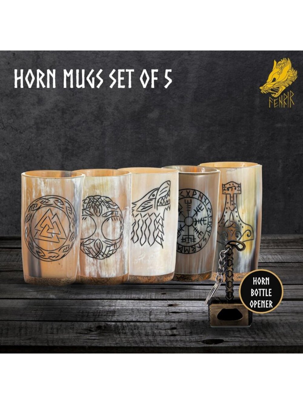 Viking Drinking Horn Mug Set of 5 - Unique Gifts for Men, Dad, Husband - Natural - Picture 3 of 6